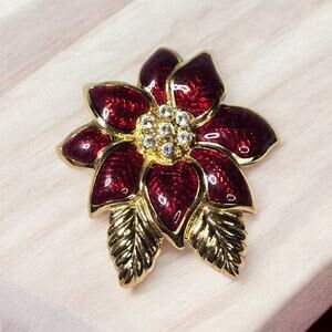 Monet Poinsettia Brooch Red Enamel Rhinestone Gold Tone Pin - Holiday Glam